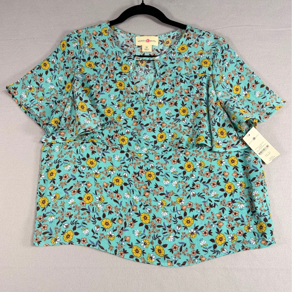 Wishful Park NWT Floral Blouse Size M Turquoise Ruffle Tiered Short Sleeve
